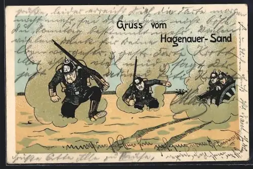 Künstler-AK Hagenau, Hagenauer Sand, Soldaten mit Kanone und Bajonetten versinken im Sand