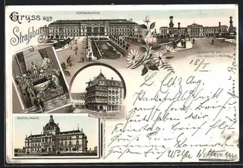 Lithographie Strassburg, Kaiserliches Palais, Centralbahnhof, Altes Haus am Domplatz, Universität mit Universitätsbrücke
