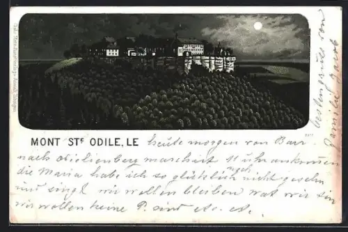 Mondschein-Lithographie Mont Ste. Odile, Ortsansicht mit Wald u. Feldern im Tal