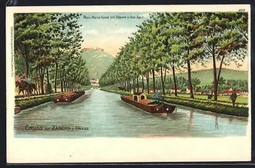 Lithographie Zabern i. Elsass, Rhein-Marne-Kanal mit Zabern und Hoh. Barr., Frachtkähne