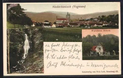 AK Niederhaslach /Vogesen, Forsthaus Nideck, Gesamtansicht mit Wasserfall