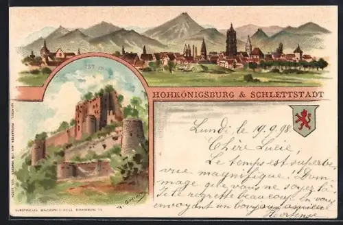 Lithographie Schlettstadt, Hohkönigsburg, Ortspanorama mit Bergen, Wappen