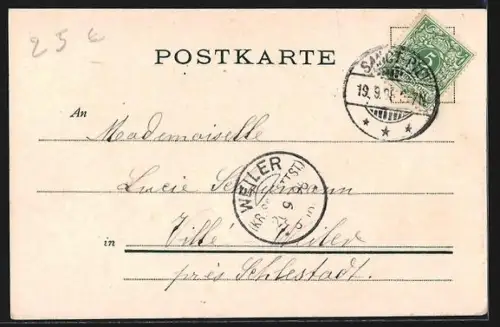 Lithographie Schlettstadt, Hohkönigsburg, Ortspanorama mit Bergen, Wappen