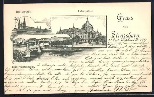Lithographie Strassburg, Rheinbrücke und Kaiserpalast