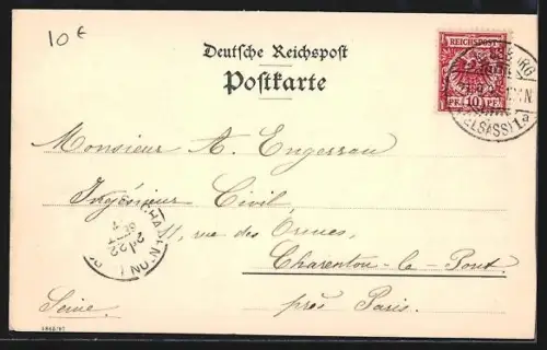 Lithographie Strassburg, Rheinbrücke und Kaiserpalast