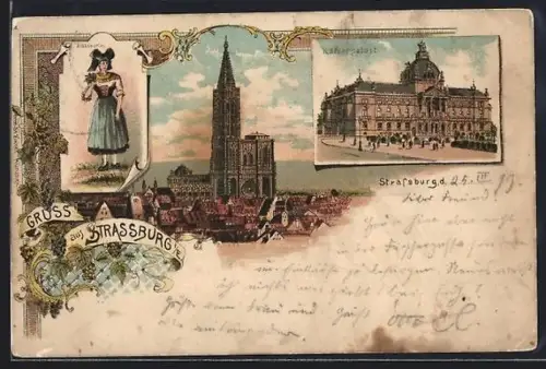 Lithographie Strassburg, Kaiserpalast, Elsässerin, Teilansicht mit Münster