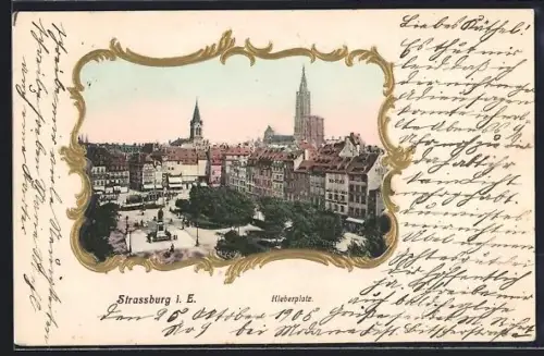 AK Strassburg, Kleberplatz mit Denkmal, Strassenbahnen und Stadtpanorama aus der Vogelschau, im Goldrahmen