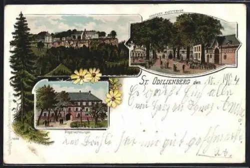 Lithographie St. Odilienberg, Grosser Klosterhof, Pilgerwohnungen, Gesamtansicht
