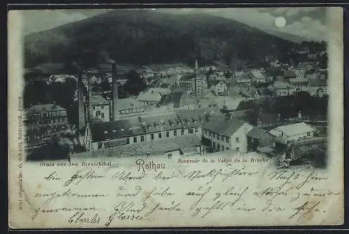Mondschein-AK Rothau /Breuschthal, Totalansicht mit Fabrik und Kirche aus der Vogelschau