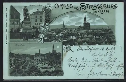 Mondschein-Lithographie Strassburg i. E., Gutenberg-Denkmal, Kleberplatz, Teilansicht, Kornblumen