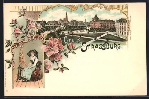 Lithographie Strassburg, Anlage mit Stadtpanorama, Strassburgerin am Spinnrad