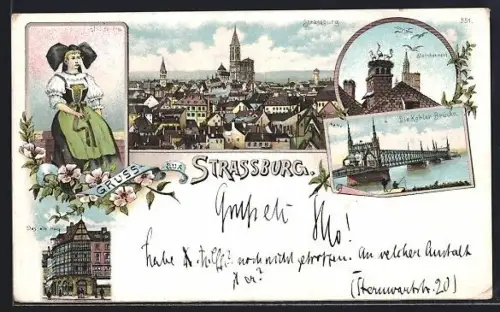 Lithographie Strassburg, Kehler Brücke, Elsässerin, Storchennest, Das alte Haus