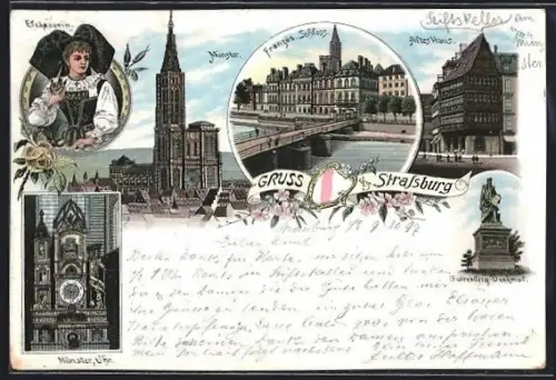 Lithographie Strassburg, Uhr im Münster, Frz. Schloss m. Brücke, Altes Haus, Wappen