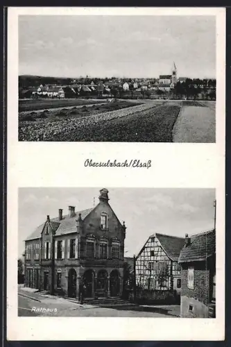 AK Obersulzbach /Elsass, Rathaus aus der Vogelschau, Ortspanorama mit Feldern