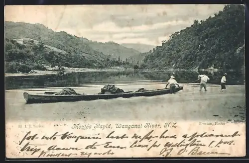 AK Moutoa, Moutoa Rapid at Wanganui River, rowboat close to the shore
