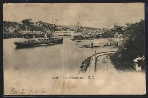 AK Port Chalmers, View of the port with anchoring steamer