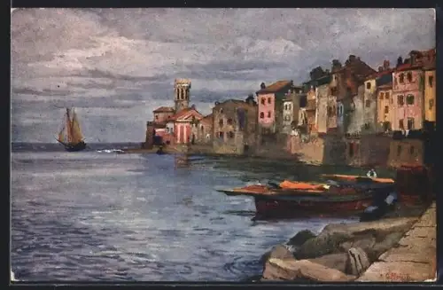 Künstler-AK Pirano, Panoramablick mit Ufer