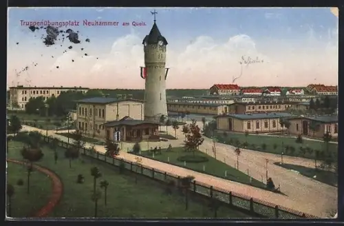 AK Neuhammer am Queis, Truppenübungsplatz mit Turm und Baracken