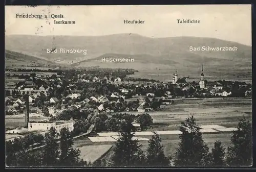 AK Friedeberg a. Queis, Aussicht auf Bad Flinsberg, Hasenstein und Bad Schwarzbach mit dem Iserkamm