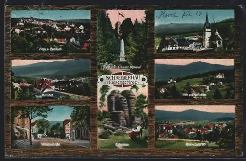AK Schreiberhau i. Riesengebirge, Villen am Bahnhof, Wilhelmstrasse, Eulenstein, Kaiser-Denkmal, Haus Sunem und Kapelle