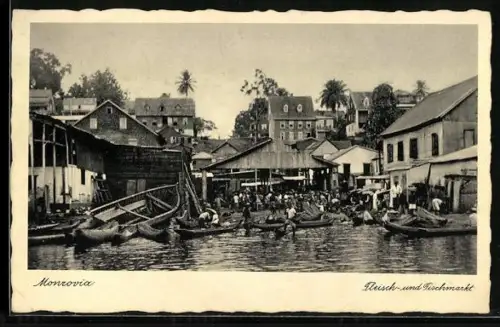 AK Monrovia, Fleisch- und Fischmarkt, Ansicht vom Wasser, Panorama