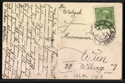 AK Iglau, Frauentor mit Strasse und Geschäften