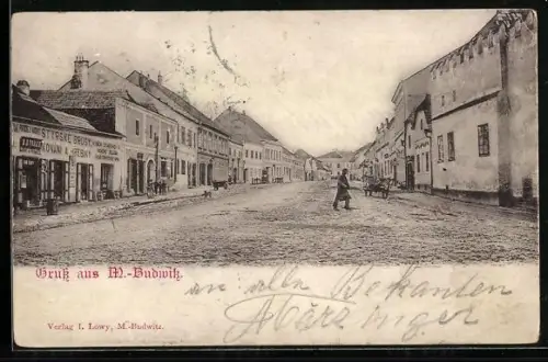 AK M.-Budwitz, Strassenpartie mit Geschäft Styrske Brusy