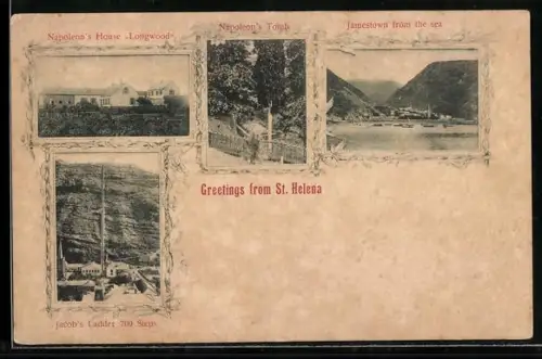 AK Jamestown /St. Helena, Jacob`s Ladder, Jamestown from the Sea, Napoleon`s House Longwood, Napoleon`s Tomb