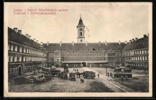 AK Josefstadt / Josefov / Jaromer, Artilleriekasernenhof mit Pferdekutschen