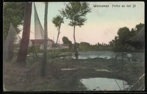 AK Wanzenau, Illpartie mit Fischernetzen und Gebäude