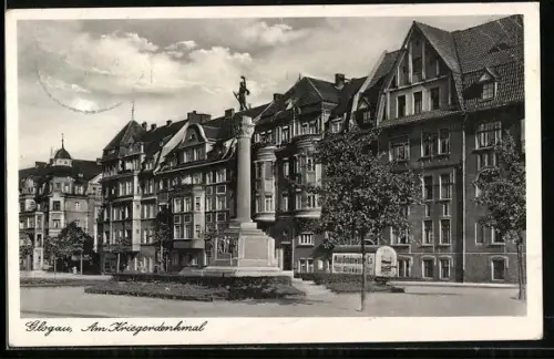 AK Glogau, Kriegerdenkmal mit Häuserpanorama, Wagen Fa. Max Schönwald Co.