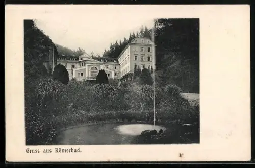 AK Römerbad, Gebäude mit Park und Springbrunnen