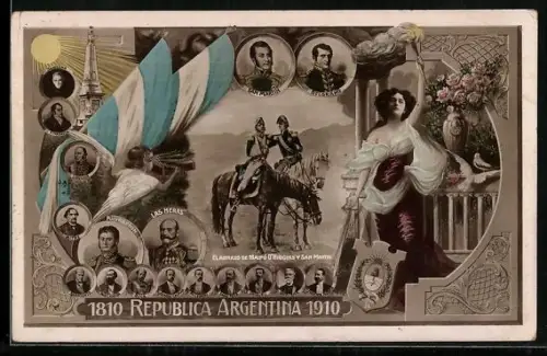 AK Maipu, Republica Argentina 1810-1910, El Abrazo de Maipu O`Higgins y San Martin, Portraits, Fahne, Wappen