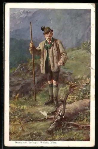 Künstler-AK Kaiser Franz Josef I. von Österreich als Jäger neben dem erlegtem Hirsch