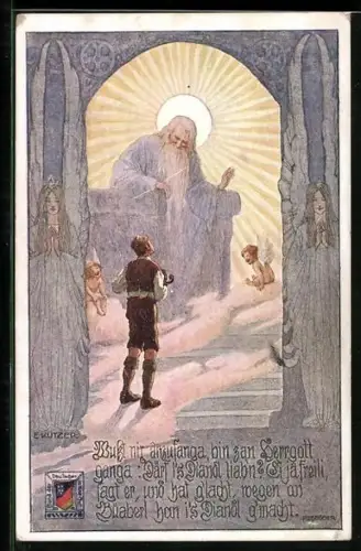 Künstler-AK Ernst Kutzer: Mann steht im Himmelstor vor Gott