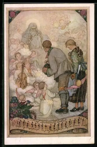 AK Deutscher Schulverein NR 1253: ein Paar verbeugt sich vor den musizierenden Engeln und Gott