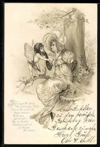 AK Jetzt magst Du flehen..., Junge Dame und Amor im Wald