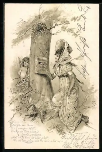 Lithographie Was mir den Busen unsagbar erfüllt..., Fräulein an Briefkasten und Amor