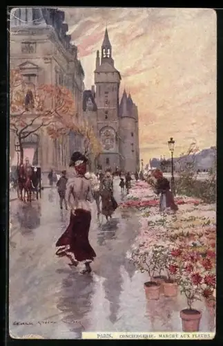 Künstler-AK Georges Stein: Paris, Conciergerie, Marché aux Fleurs, Blumenmarkt