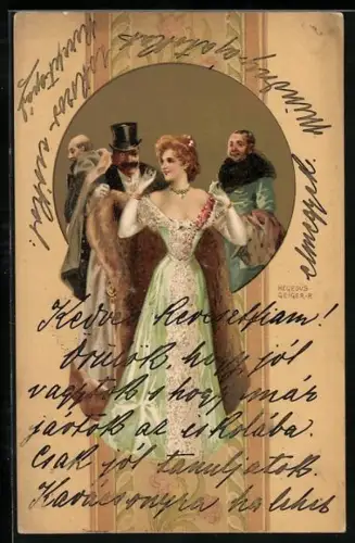 Künstler-AK R. Hegedüs-Geiger: Junge Dame bekommt von einem edlen Herr der Mantel hingehalten