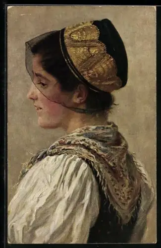 Künstler-AK W. Hasemann: Schwarzwälderin in Tracht mit Kopfbedeckung