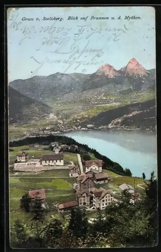 AK Brunnen, Blick vom Seelisberg auf den Ort und die Mythen
