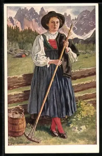 Künstler-AK Buchensteinerin in Tiroler Tracht