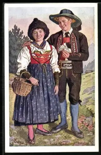 Künstler-AK Liebespaar in italienischer Volkstracht beim Spaziergang