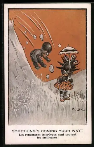 Künstler-AK Frederic G. Lewin: Dunkelhäutiges Mädchen erschrickt, als der Junge den Hang hinunterfällt