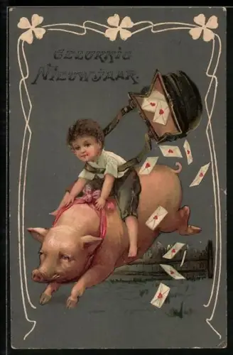 AK Knabe mit wegflatternden Briefen auf galoppierendem Schwein, Neujahrsgruss