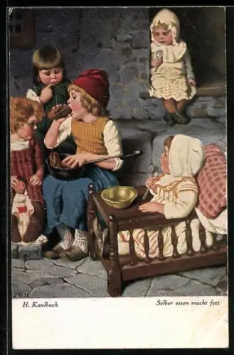 Künstler-AK Hermann Kaulbach: Selber essen macht fett, hungrige Kinder blicken neidisch auf ein Kind, welches isst