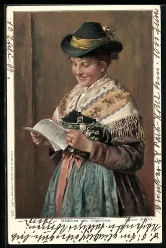 Künstler-AK Tegernsee, Mädchen vom Tegernsee in Tracht mit Hut