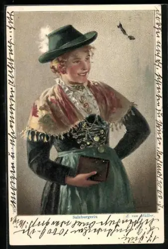 Künstler-AK Portrait einer Salzburgerin im Trachtenkleid