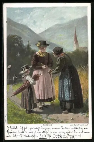 Künstler-AK sign. H. Lindenschmit: Sonntag, Frau mit ihrer Tochter und Mutter auf dem Feldweg zur Kirche